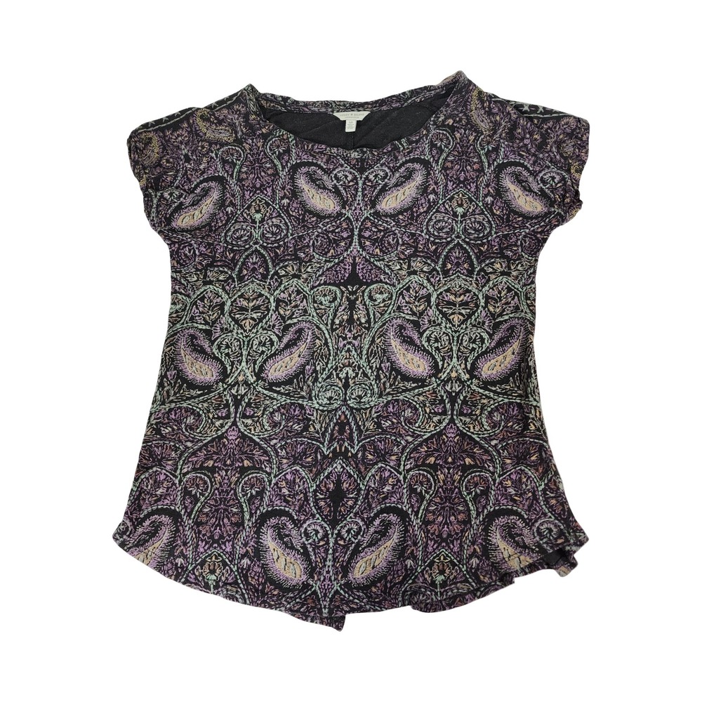 Lucky Brand Womens Small Paisley Damask Split‎ Back Short Sleeve Knit Top Black